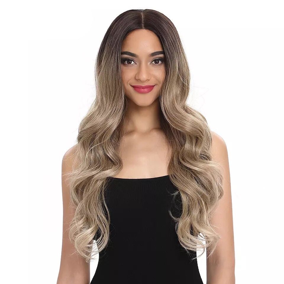 Peruca F19 Front Lace blonda ombre gri blond platinat creata ondulata