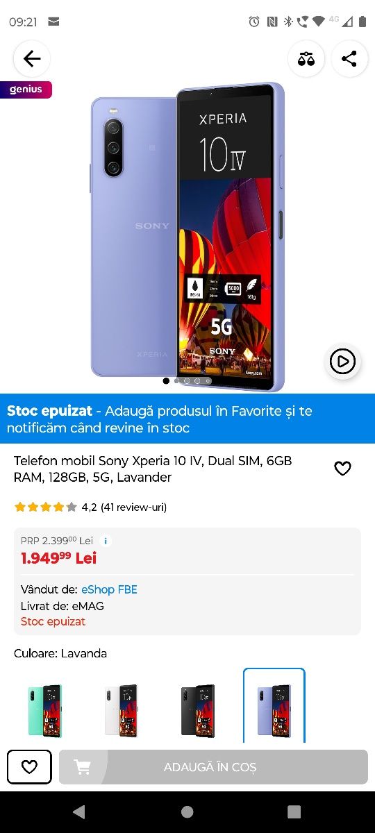 Sony Xperia 10 IV, 6gb RAM, 128 GB memorie.