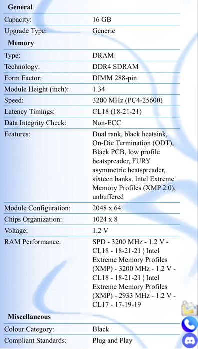 Kingston Fury HyperX 16GB 3200MHz DDR4 Ram Памет