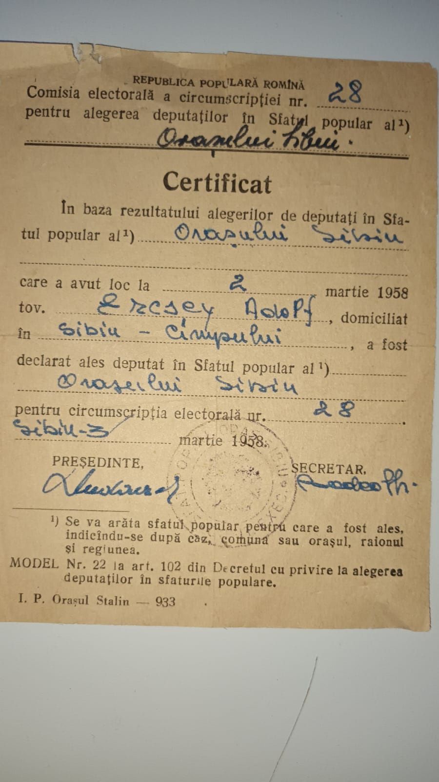 Acte vechi Certificat Deputat ales 1958 RPR Sibiu, colecție,decor