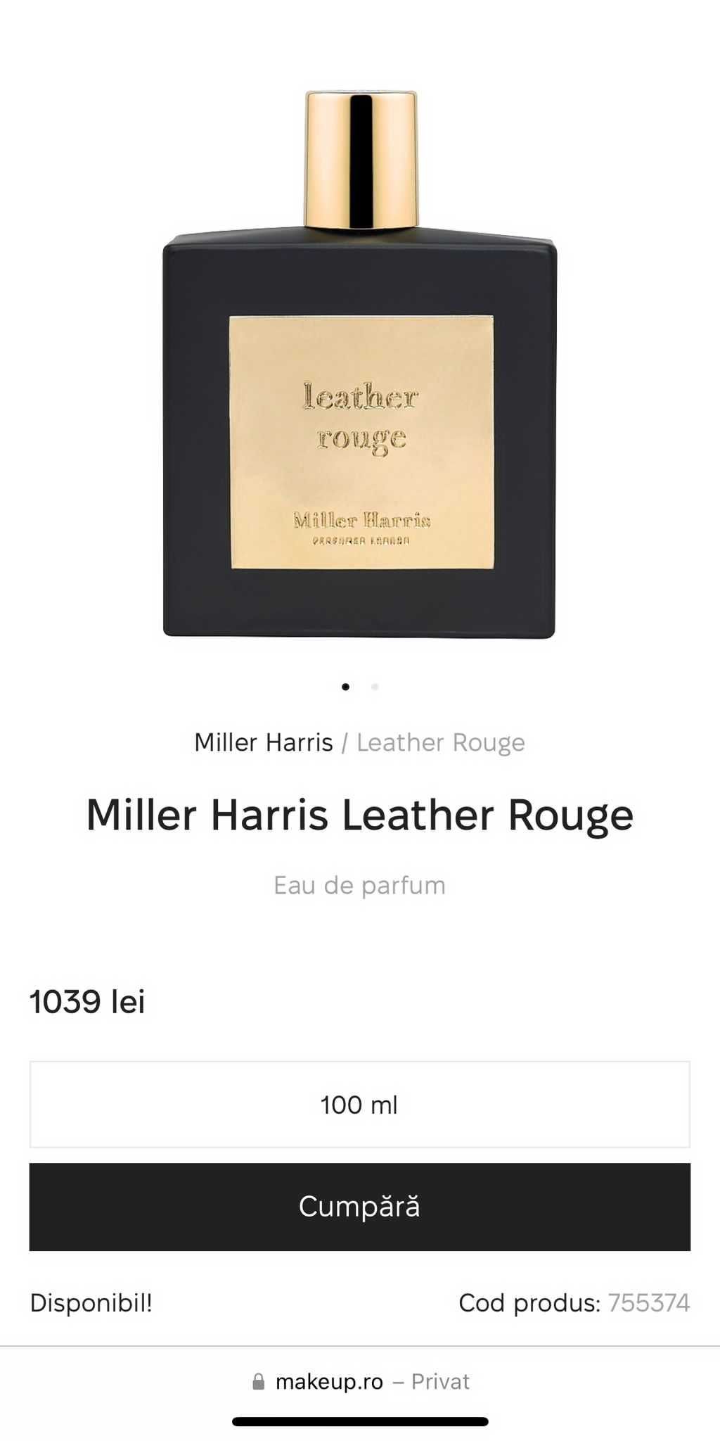 Miller Harris - Leather Rouge 100ml Apa de Parfum, 100% original, UK