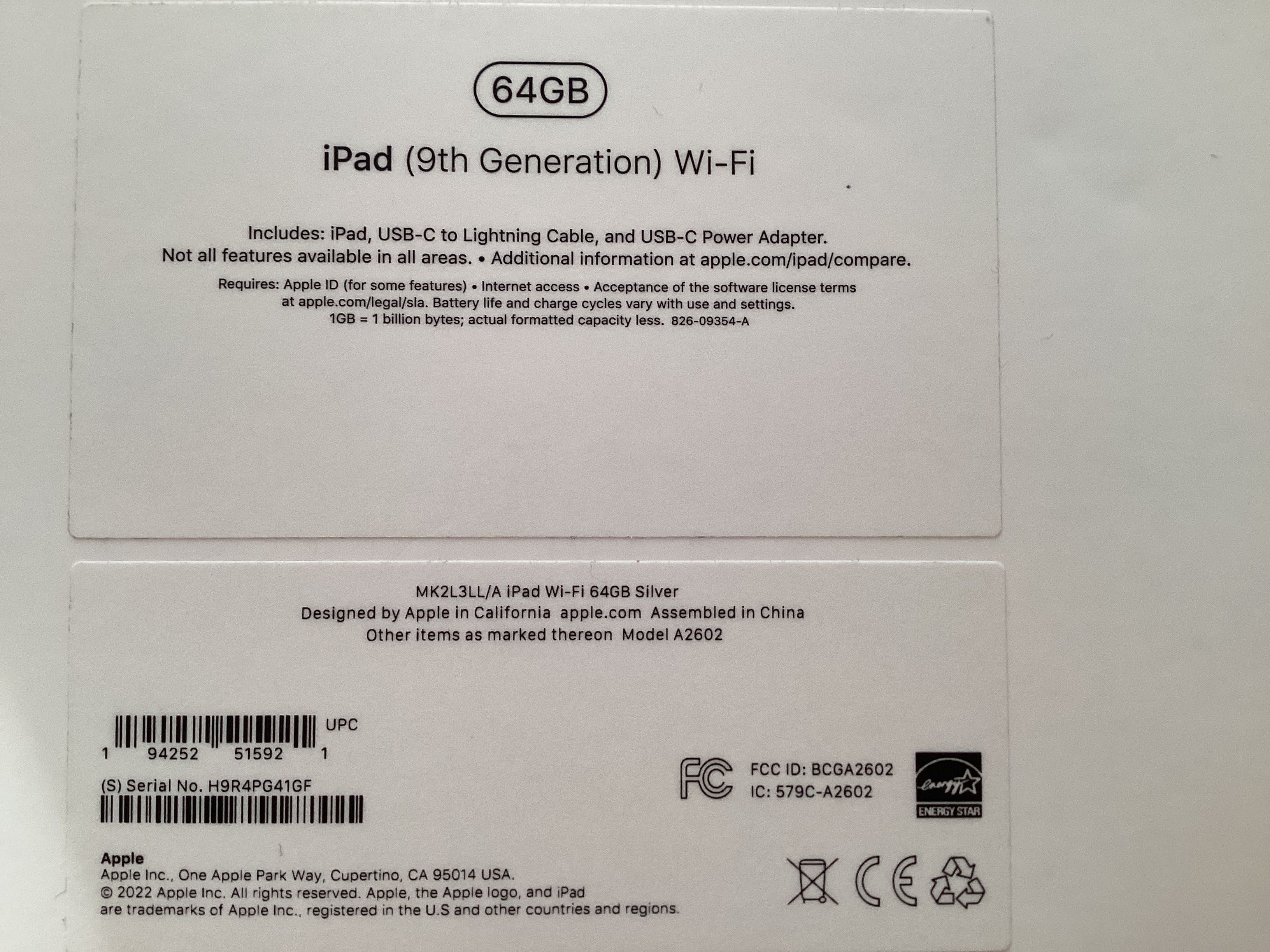 iPad 9th gen WI FI 64GB silver, 100% батерия