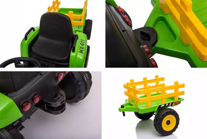 Tractor electric pentru copii BJ611 70W 12V cu Remorca inclusa #Verde