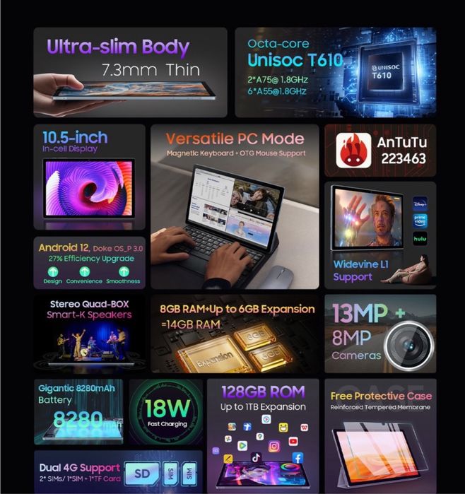 Таблет Blackview Tab 15 Space Grey, 4G, 13MP, 8280 mAh, две SIM карти