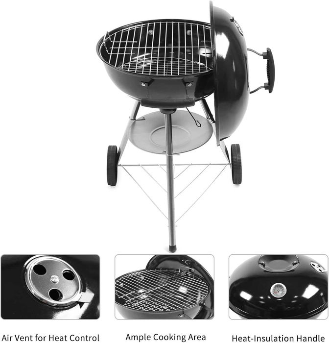 Барбекю на дървени въглища Kono Kettle, преносимо черно, 47x49x80 см