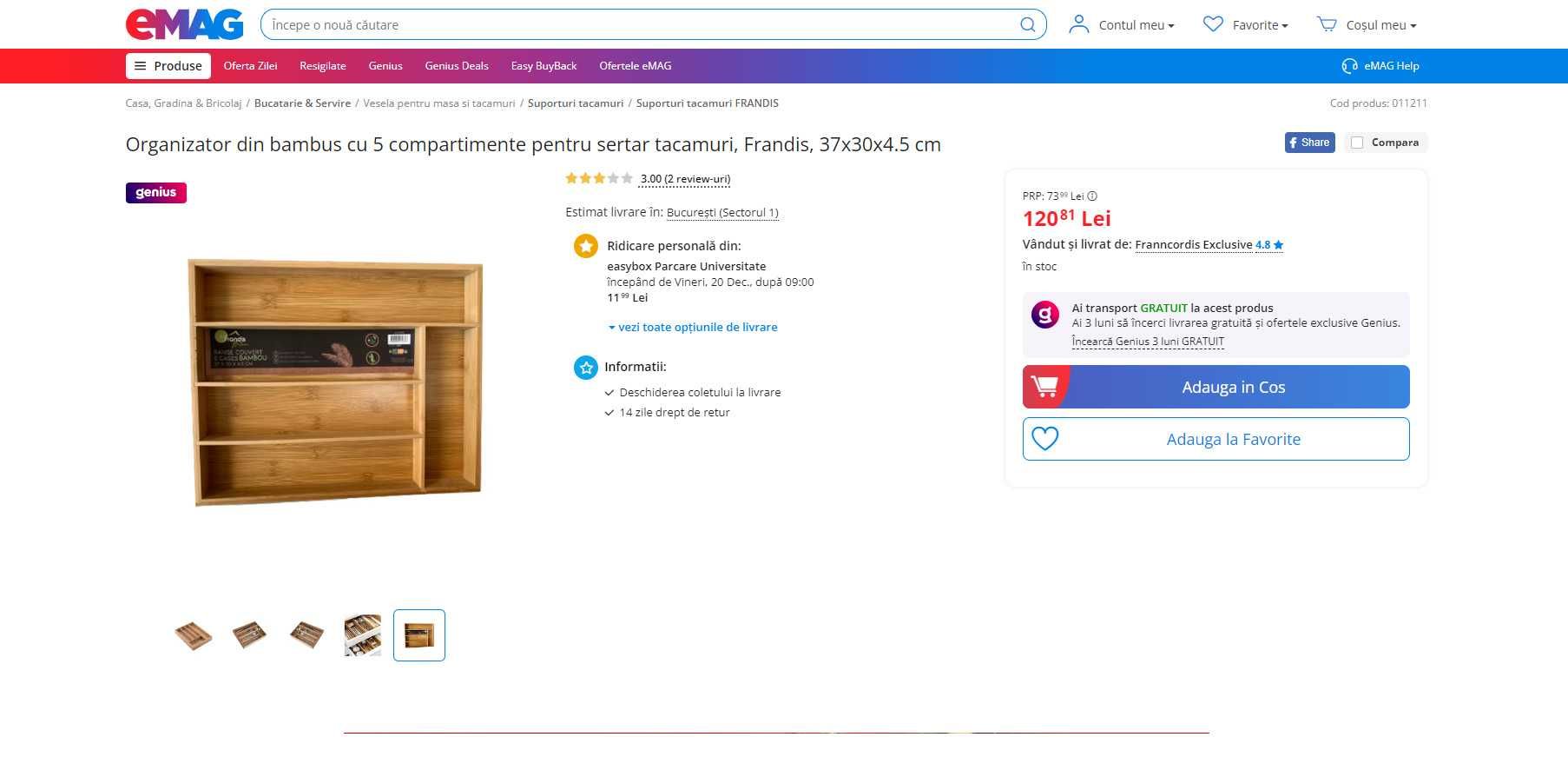 Organizator bambus 5 compartimente tacamuri/unelte, REDUS de la 120RON