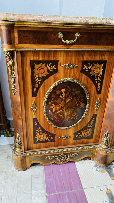 Comoda Mare Vintage Bronz Lemn Masiv Marmura Intarsie Antic