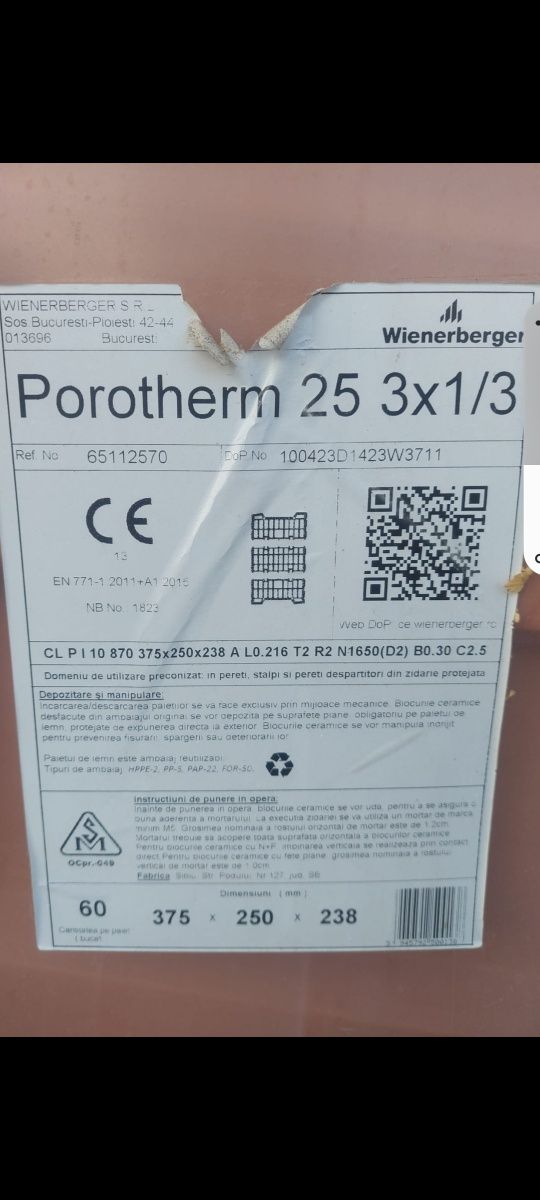 Vand caramida porotherm25 2pal/120buc si caramida porotherm15 N/F 30b