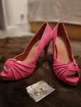 Pantofi piele intoarsa roz Barbie cu toc și platforma