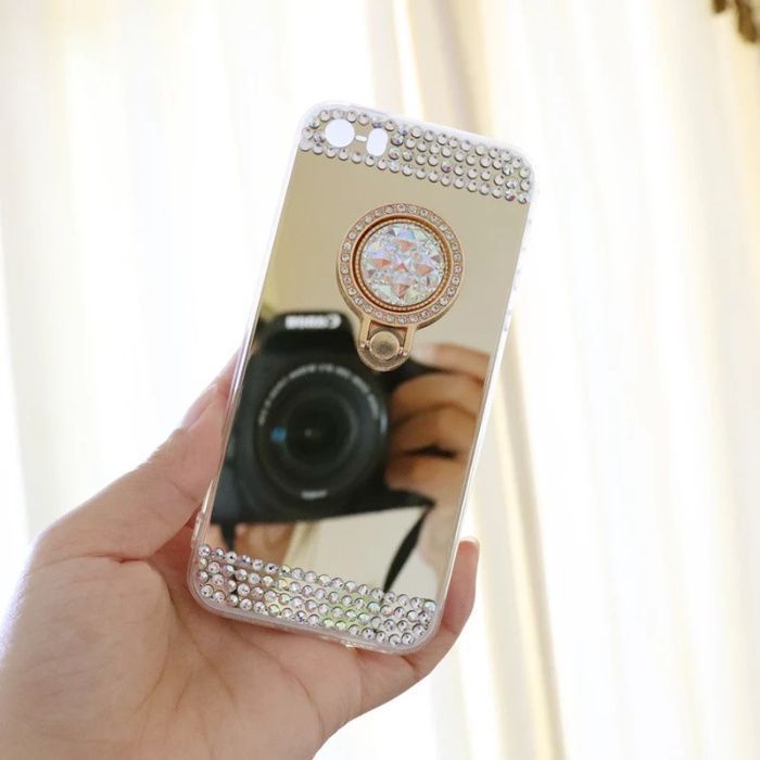Husa tip oglinda cu pietricele + inel pt. iPhone SE 2020, 6, 6s, 7, 8