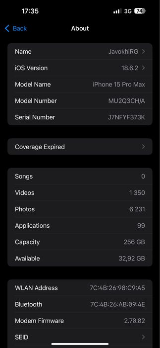 Iphone 15ProMax 256G 89% Titan