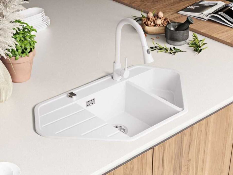 Бяла ъглова кухненска гранитна мивка Копенхаген 900 Corner 900x500 мм