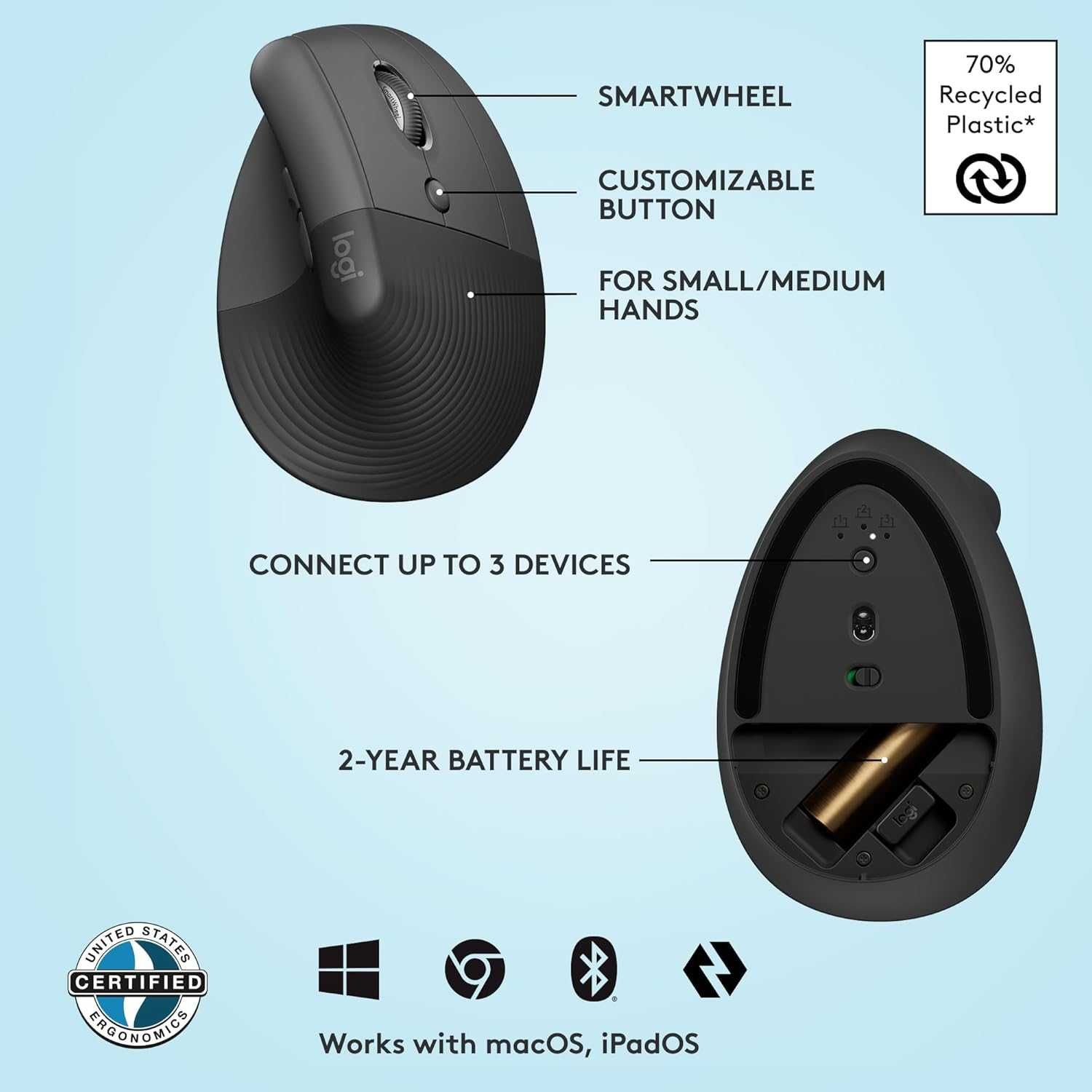 Logitech Lift безжична ергономична мишка