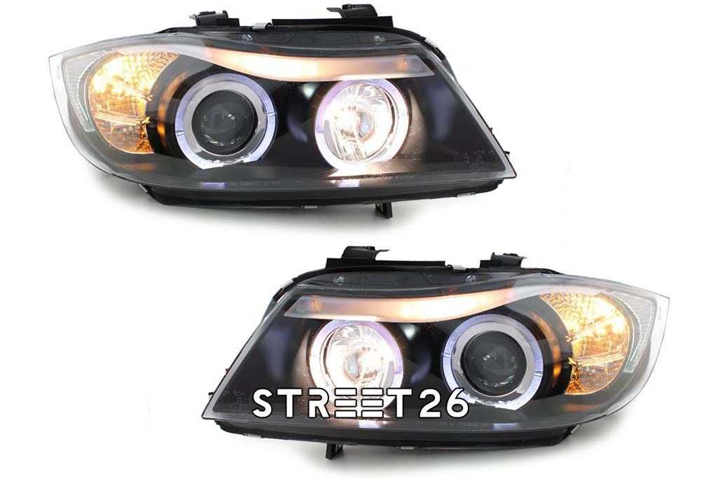 Faruri BMW Seria 3 E90 E91 (2005-2008) Angel Eyes Negru