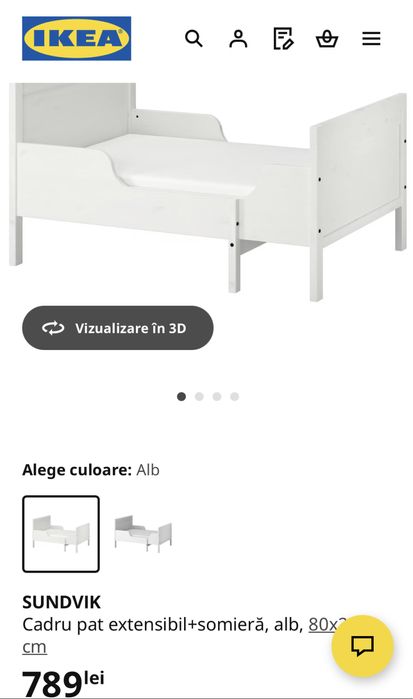 Cadru pat SUNDVIK IKEEA -extensibil+somieră, alb, 80x200 cm