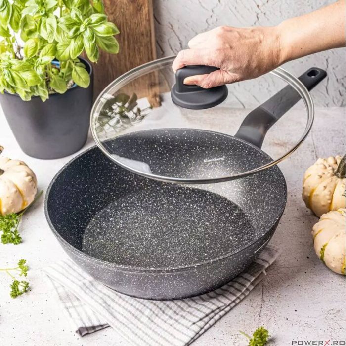 Tigaie din aluminiu turnat, marmorata, cu capac, neagra, 28cm,