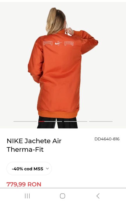 Geaca bomber Nike Orange lunga !S Noua fără etichetă!