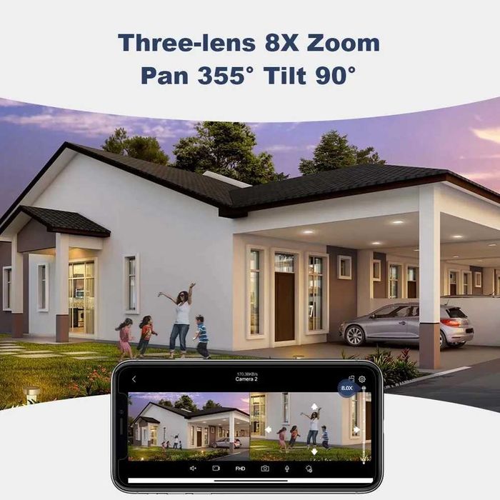 Camera de Supraveghere Tripla WIFI Visoli® P11 Zoom, 12MP Rezolutie 6K