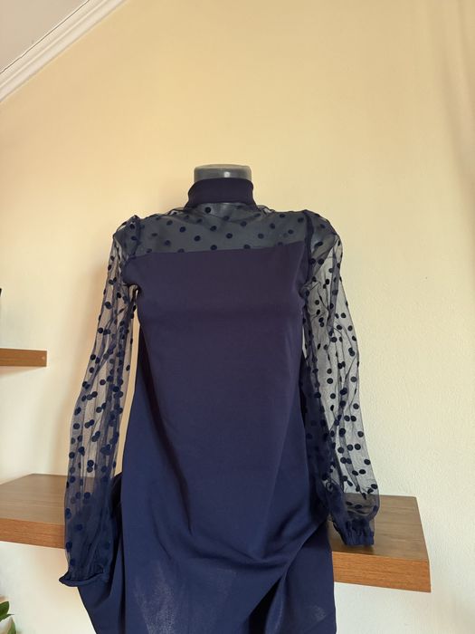 Rochie albastra scurta cu maneci transparente