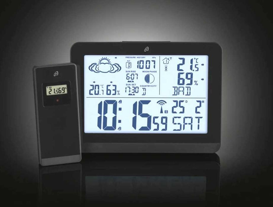 Stație meteo INTERIOR EXTERIOR cu ceas, alarma si higrometru, NOUA