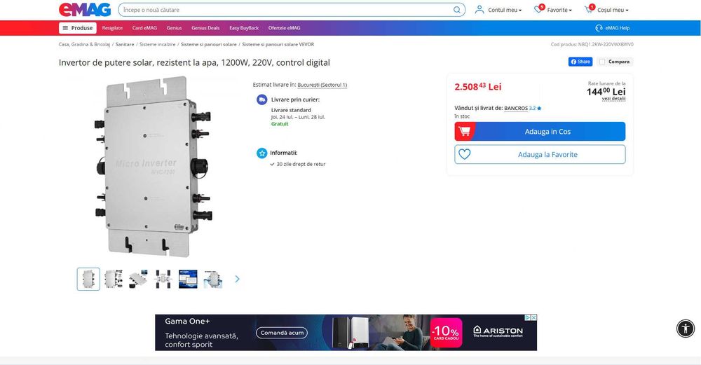 MicroInverter solar 1200W, WiFi+APP, 99.5 Eficenta,REDUS de la 2500RON
