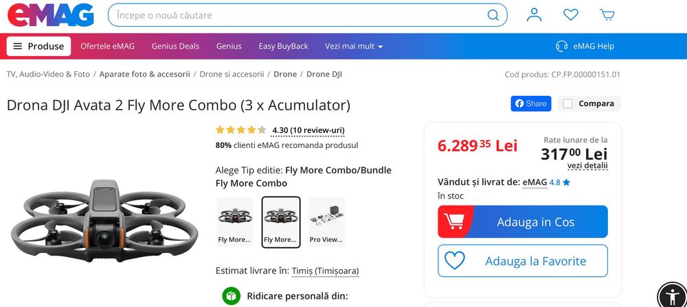 Drona DJI Avata 2 Fly More Combo 3 bat + DJI Care + Garantie emag