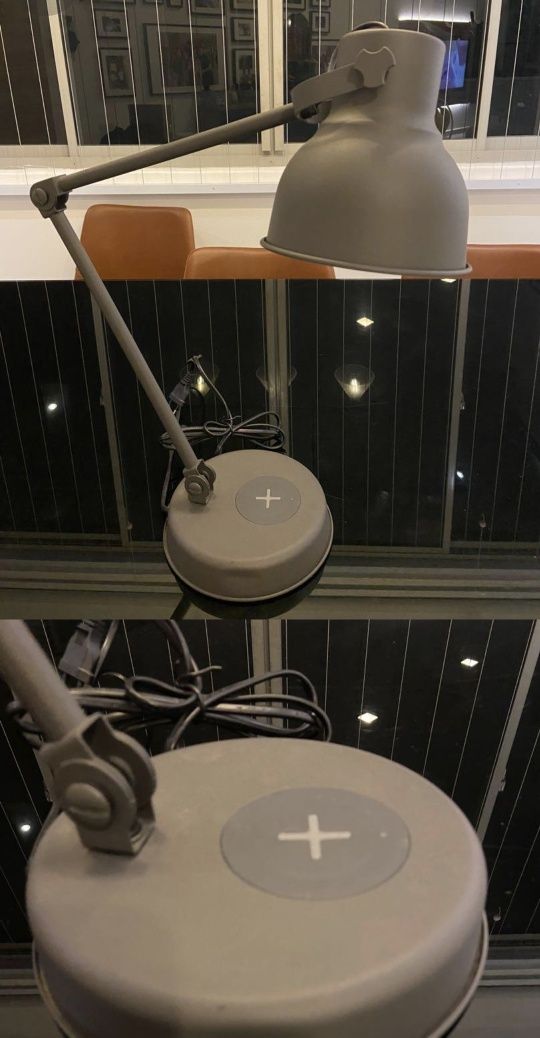 Veioză/lampă de birou Hektar Ikea albă, încarcare telefon wireless+usb