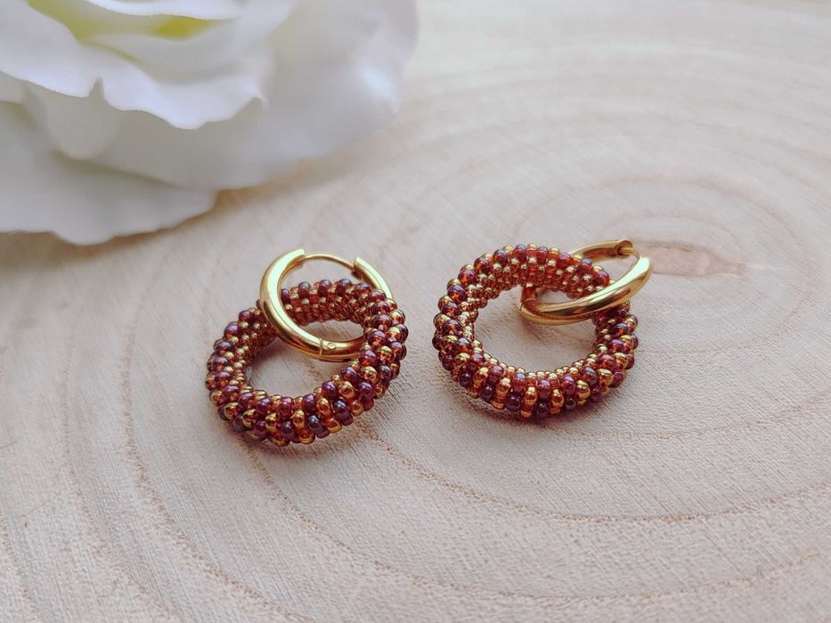 Ръчно изработени обеци халки с висулка от Японски мъниста, Стомана