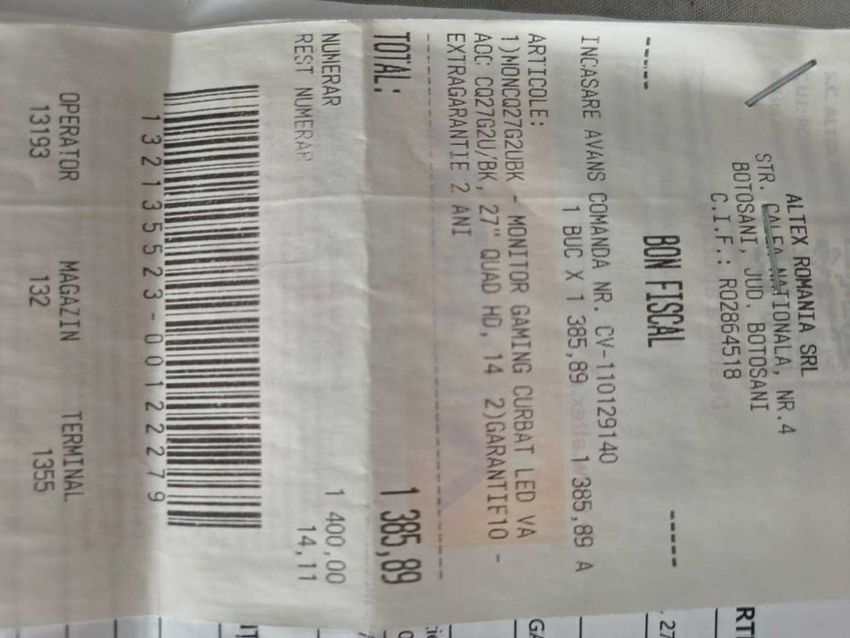 Vand monitor curbat de gaming aoc