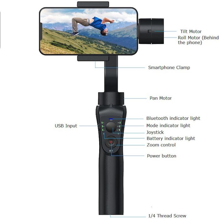 Стабилизатор за телефон, Gimbal Stabilizer, 3-осов, Черен