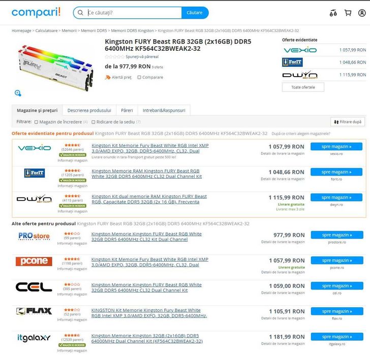 Kit DDR5 32GB (2x16) Kingston Fury 6000 CL30 si 6400 CL32 AMD & Intel