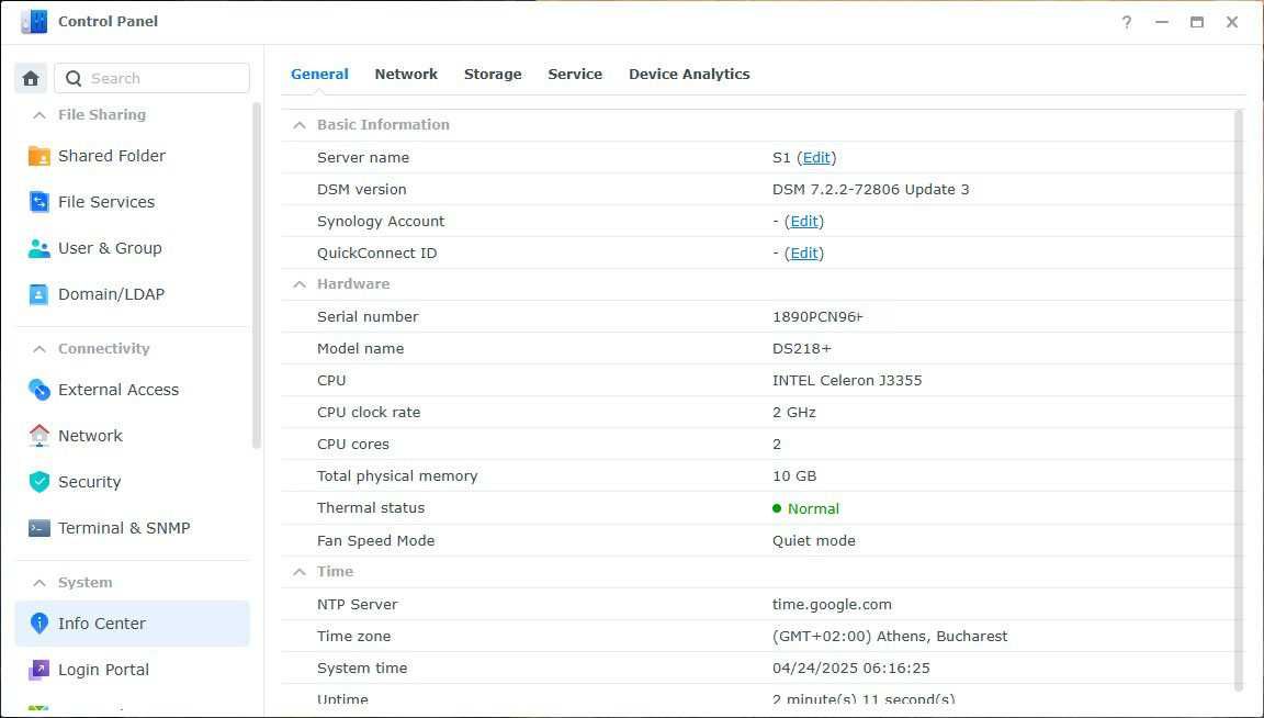 NAS мрежово устройство Synology DS218+, 10Gb RAM, 2 bay