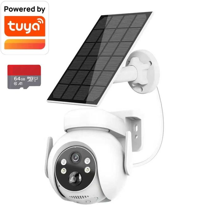 3MP Tuya Smart WiFi PTZ камера със соларен панел + 64GB карта подарък