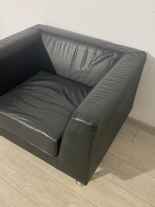 Fotoliu din Piele Naturală de Culoare Neagră; Scaun cu Brațe