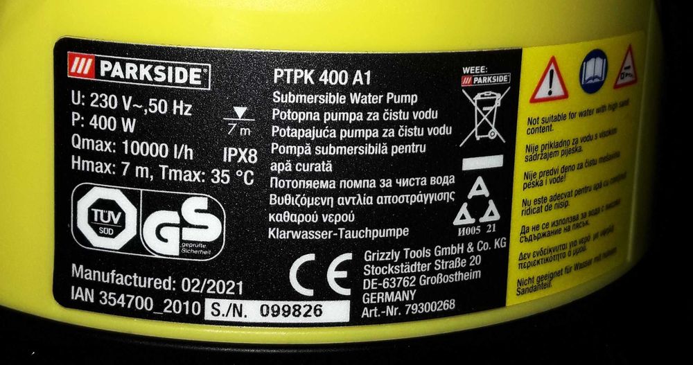 -22% Parkside нова потопяема помпа, 400W, 10м3/h, гаранция,дост.частСф