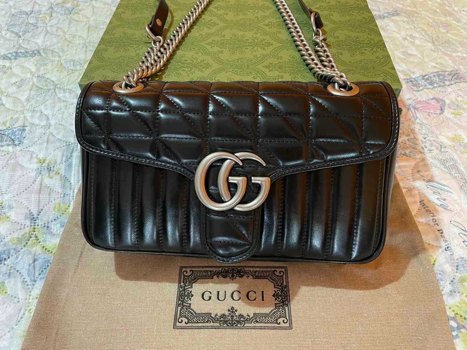 Оригинална Гучи Черна Кожена чанта Gucci Marmont Дръжка И Синджир GG