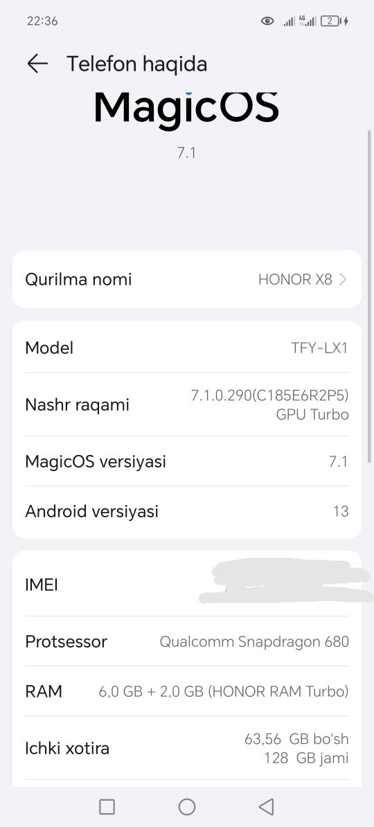 Xonor 8x 128 Gb zaryati 1 kunga yetadi