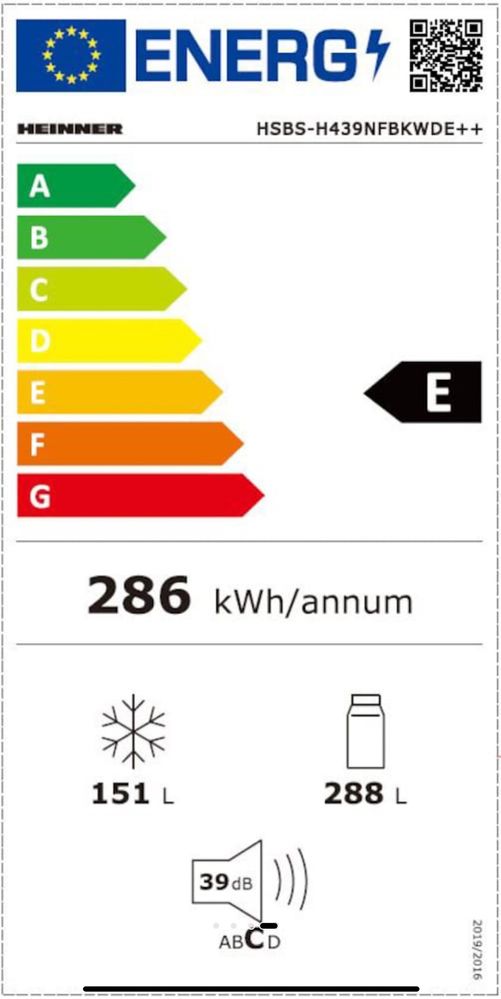 Side by Side Heinner HSBS-H439NFBKWDE++, 436 l, No Frost, Display