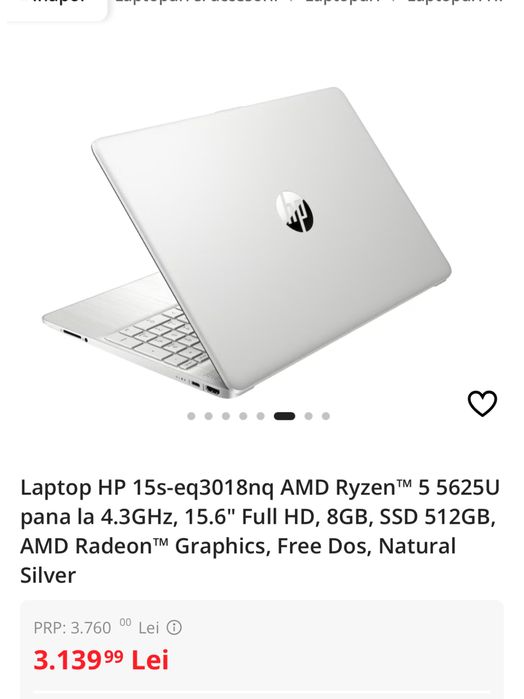 HP 15.6 “ FHD Amd Ryzen 5 5625U, 256gb, Sigilat, Ocazie, transport 0