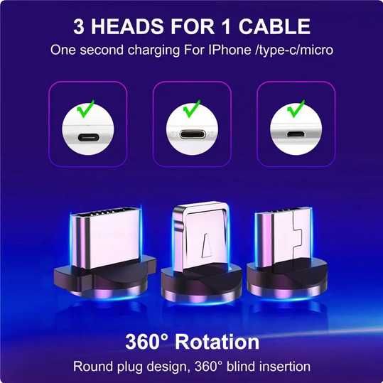 Cablu Incarcare Magnetic Iluminat cu 3 Mufe