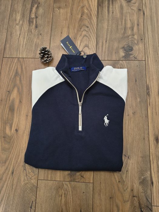 Pulover clasic, RL, half zipper, culoare navyblue&alb