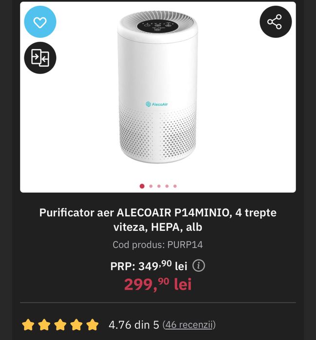 Purificator aer ALECOAIR P14MINIO, 4 trepte viteza, HEPA, alb