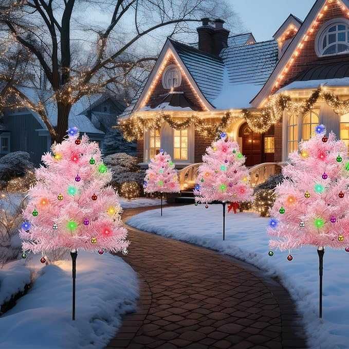 Соларни коледни елхички в розово с многоцветни LED лампички 70см