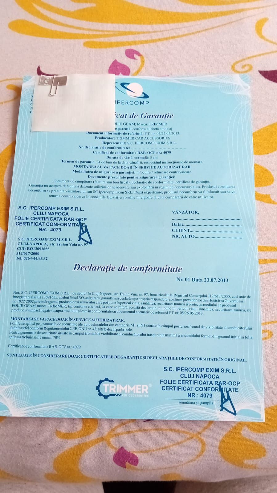 Certificat folii auto omologate RAR