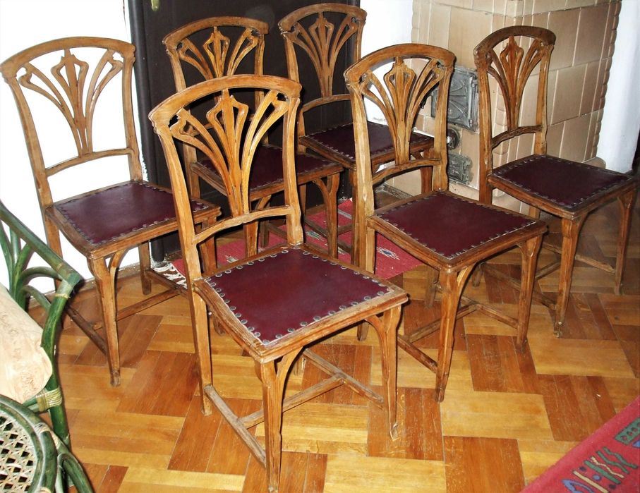 Set 6 scaune ”Art Nouveau” autentic din lemn sculptat cu piele GRENA