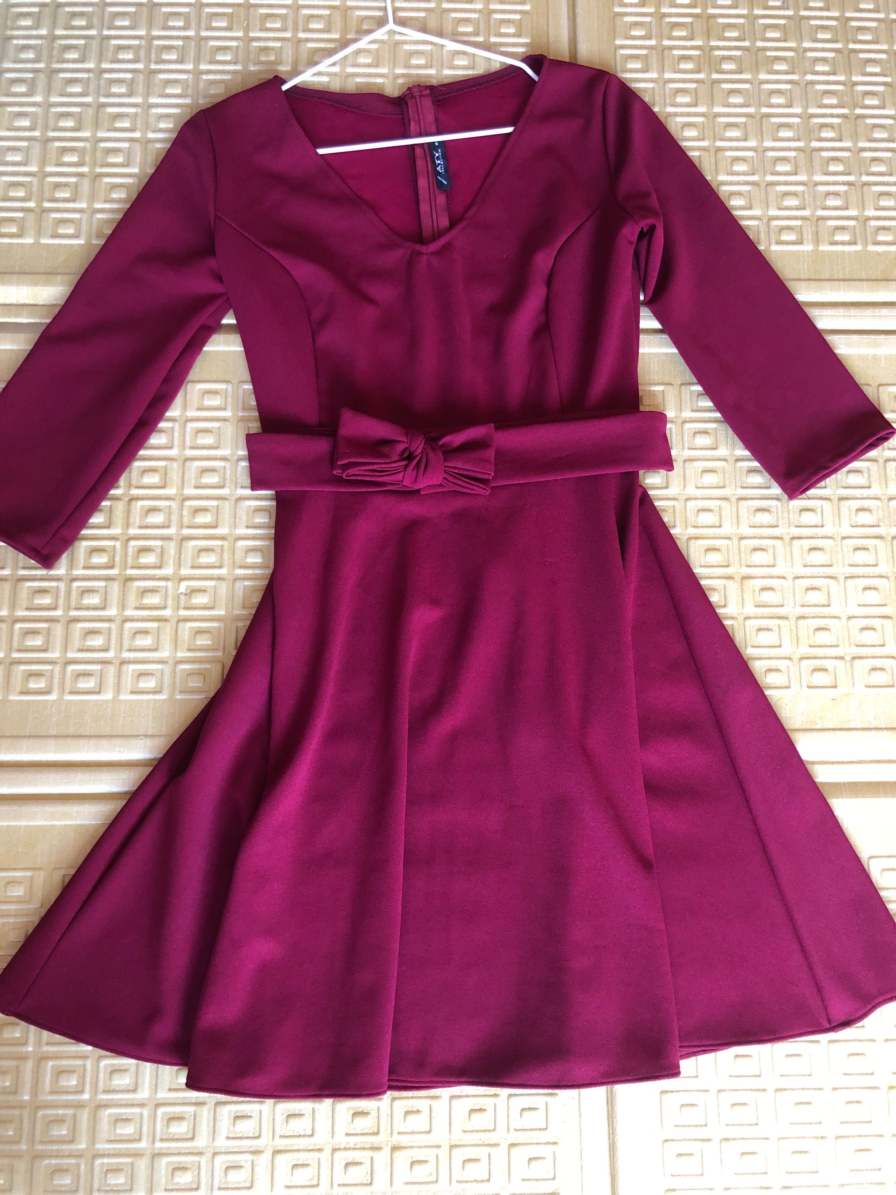 Rochie bordo cu maneca si cordon in talie