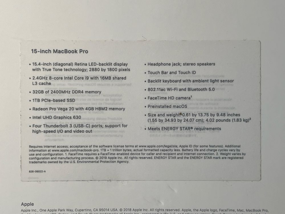 MacBook Pro 15,4” i9 32Gb 1TB Radeon Vega PRO 20