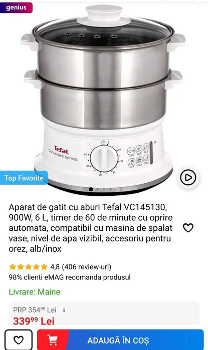 Aparat de gatit cu aburi Tefal VC145130, 900W, 6 L