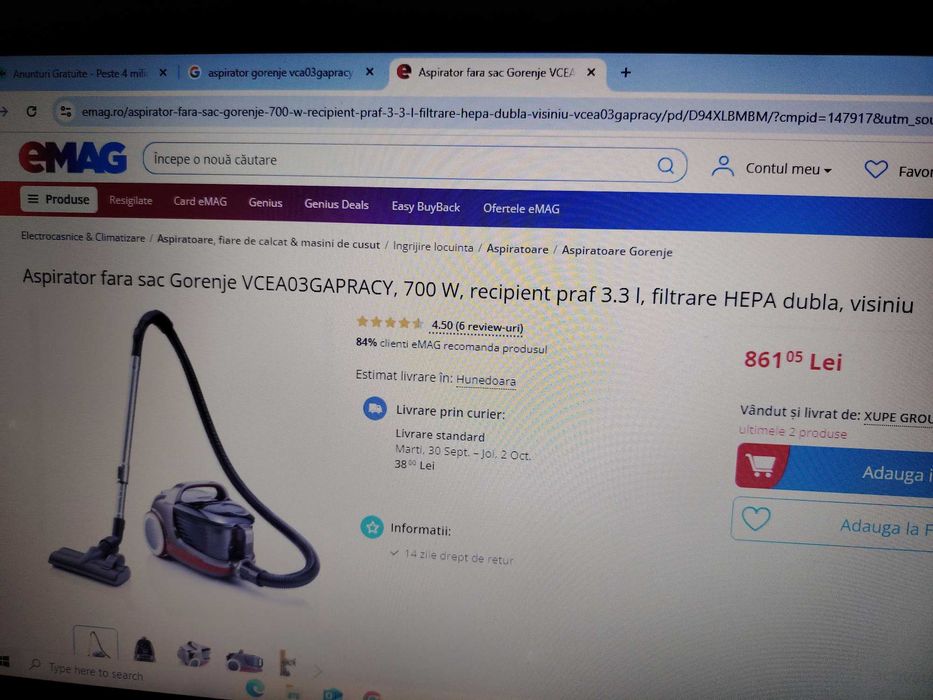 Aspirator fara sac Gorenje , 700 W, recipient praf 3.3 l , filtru HEPA