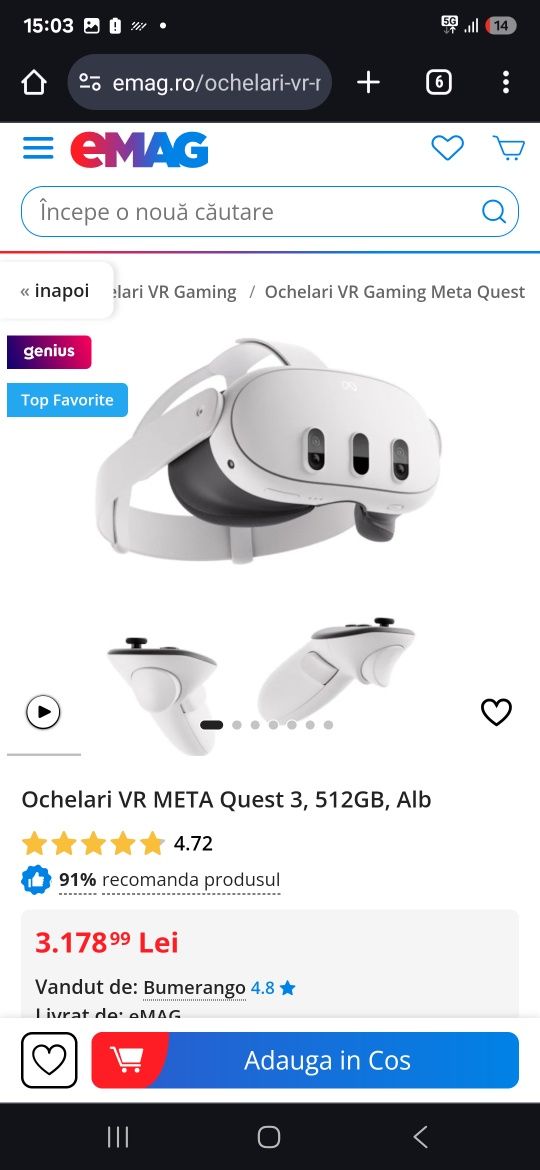 Ochelari VR META Quest 3, 512GB, Alb, resigilat